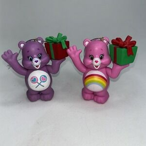 2 Lot Care Bears 2015 Share & Cheer Xmas Ornaments Holding Presents PVC Figures